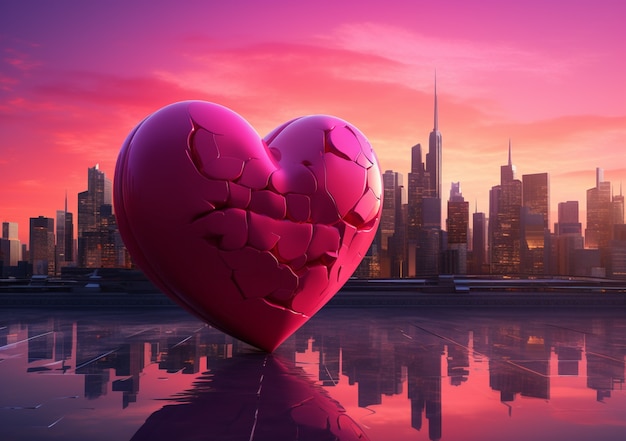 Free photo view of broken heart with city skyline background