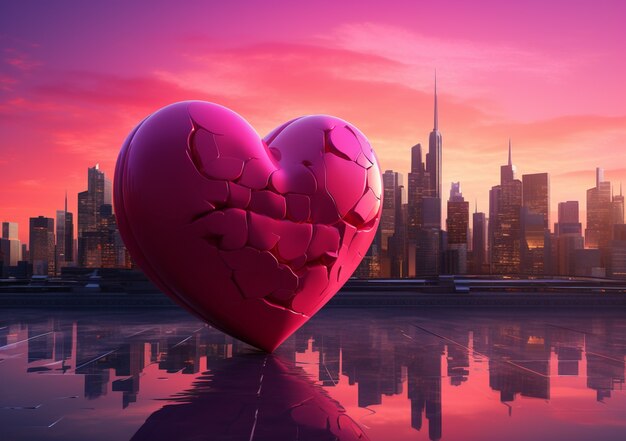 Free Photo view of broken heart with city skyline background