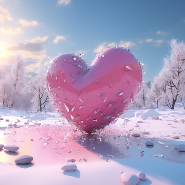 View of broken heart with winter and snow background