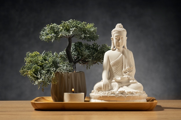 Free photo view of buddha statuette with bonsai tree