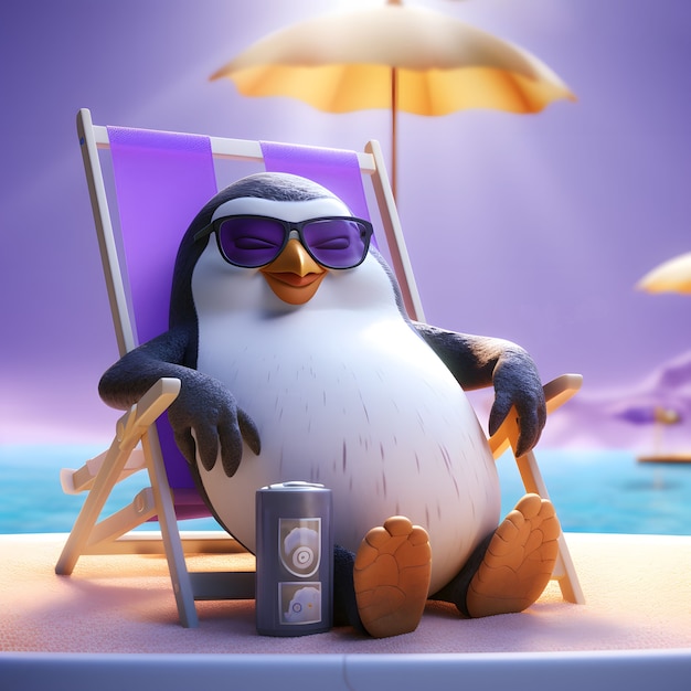 View of cartoon animated 3d penguin on beach