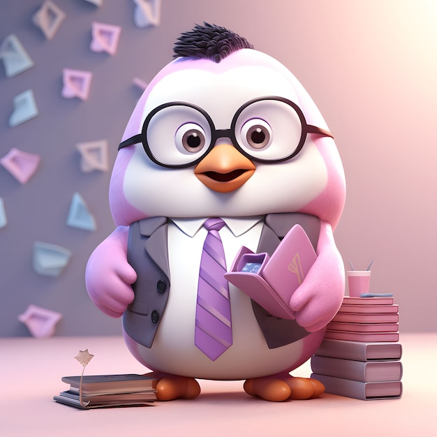 Free photo view of cartoon animated 3d penguin nerd