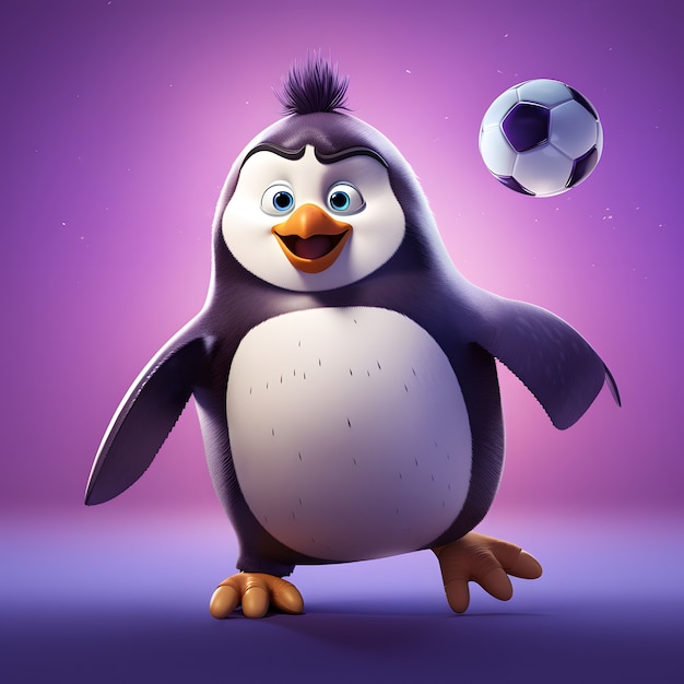 Free photo view of cartoon animated 3d penguin playing soccer