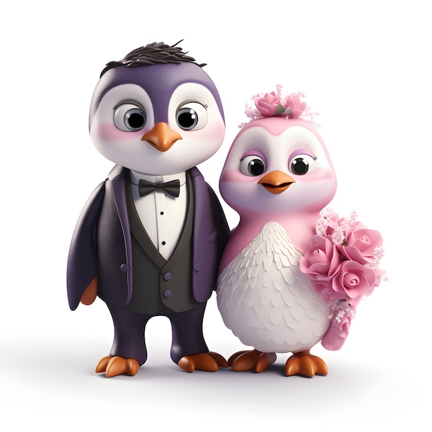 Free photo view of cartoon animated 3d penguin wedding couple