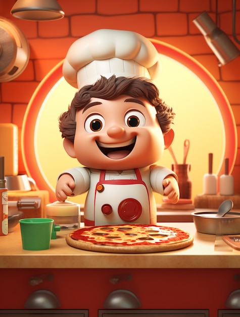 View of cartoon chef with delicious 3d pizza