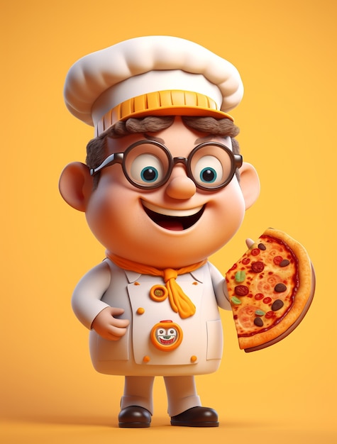 View of cartoon chef with delicious 3d pizza