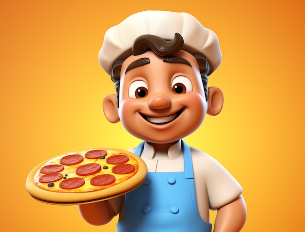 View of cartoon chef with delicious 3d pizza