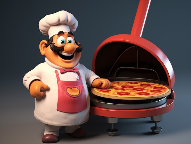 View of cartoon chef with delicious 3d pizza