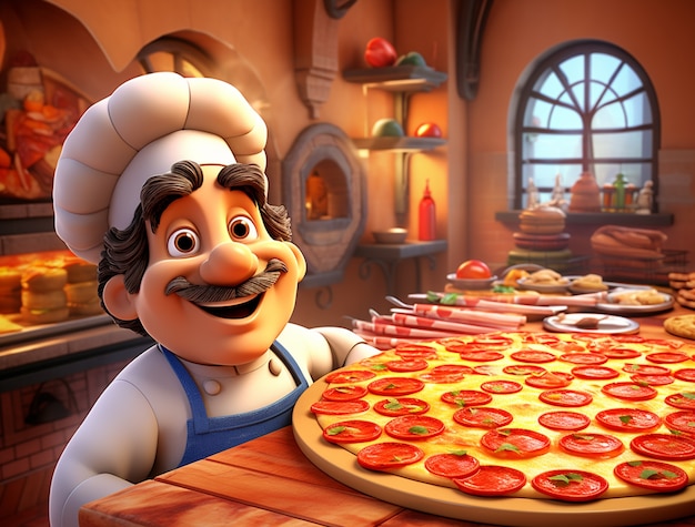 Free photo view of cartoon chef with delicious 3d pizza