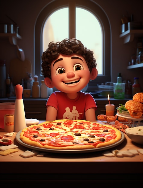 Free photo view of cartoon child with delicious 3d pizza