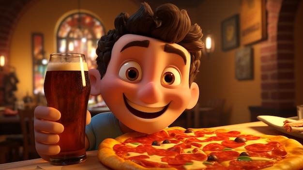 Free photo view of cartoon child with delicious 3d pizza