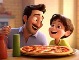 Free photo view of cartoon father and child enjoying a delicious 3d pizza