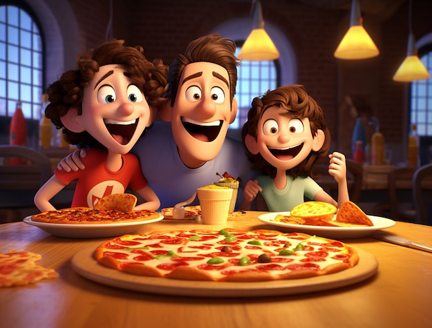 Free photo view of cartoon father and kids with delicious 3d pizza