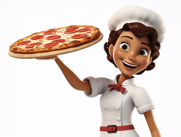 Free photo view of cartoon female chef with delicious 3d pizza