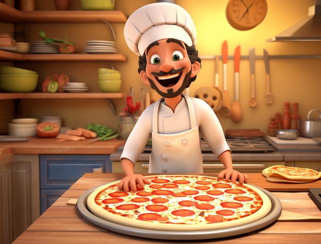 Free photo view of cartoon male chef with delicious 3d pizza