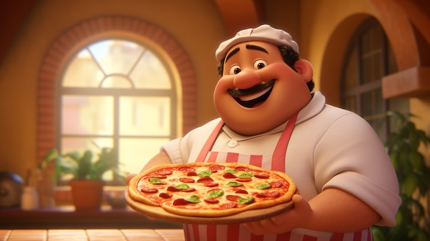 Free photo view of cartoon male chef with delicious 3d pizza