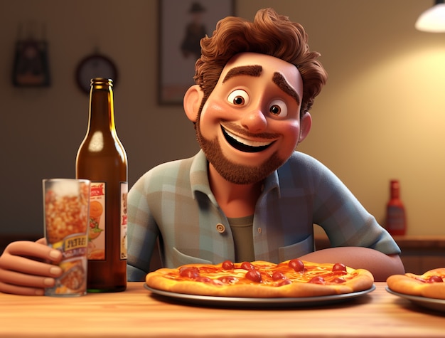 Free Photo view of cartoon man enjoying a delicious 3d pizza