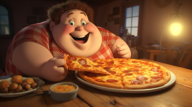 View of cartoon man with delicious 3d pizza