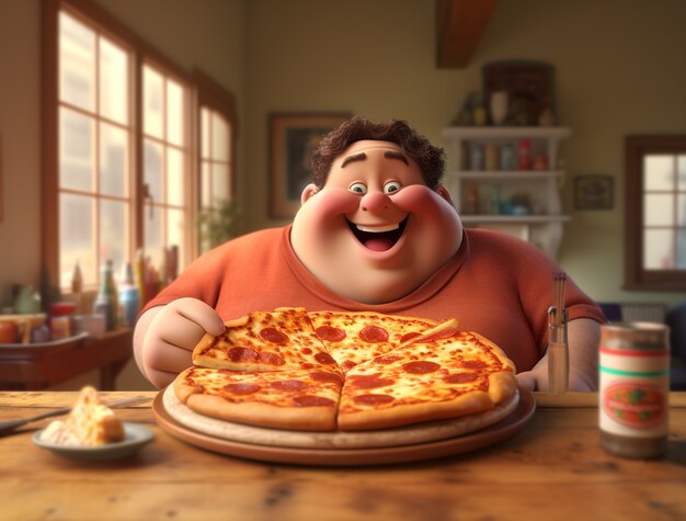 View of cartoon man with delicious 3d pizza