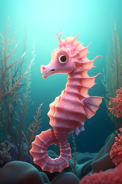 View of cartoon sea horse underwater