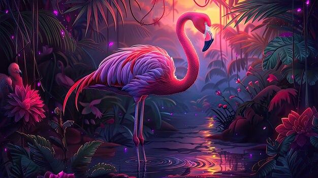 View of cartoon tropical flamingo