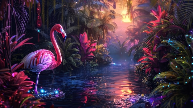 View of cartoon tropical flamingo