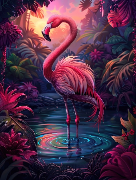 View of cartoon tropical flamingo