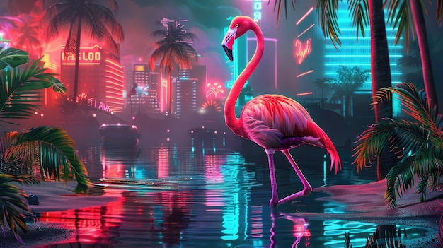 View of cartoon tropical flamingo