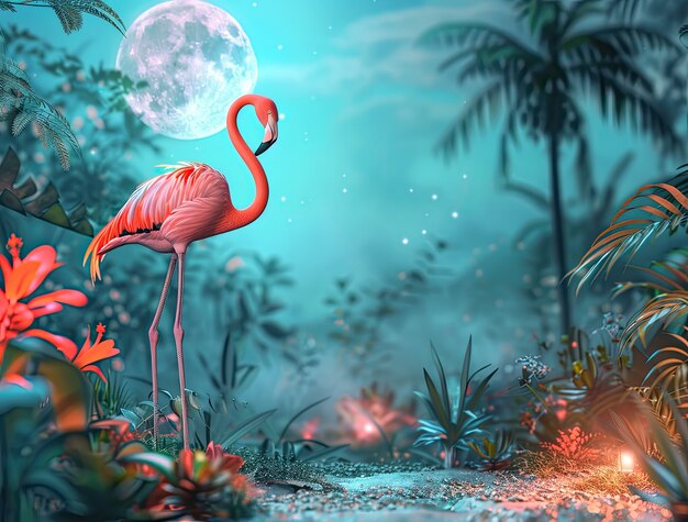 View of cartoon tropical flamingo