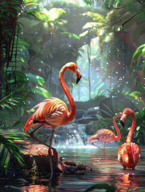 View of cartoon tropical flamingo