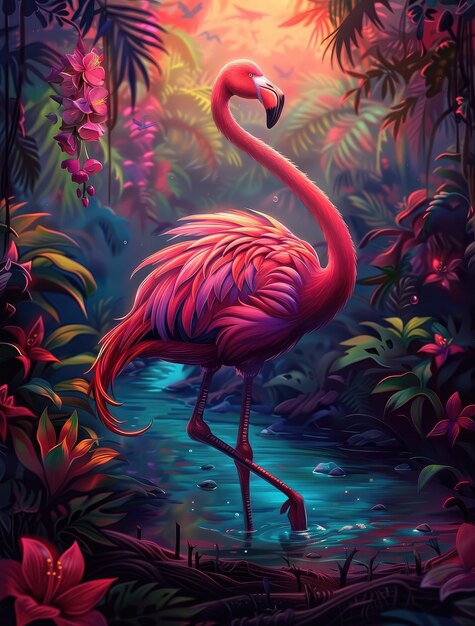 View of cartoon tropical flamingo