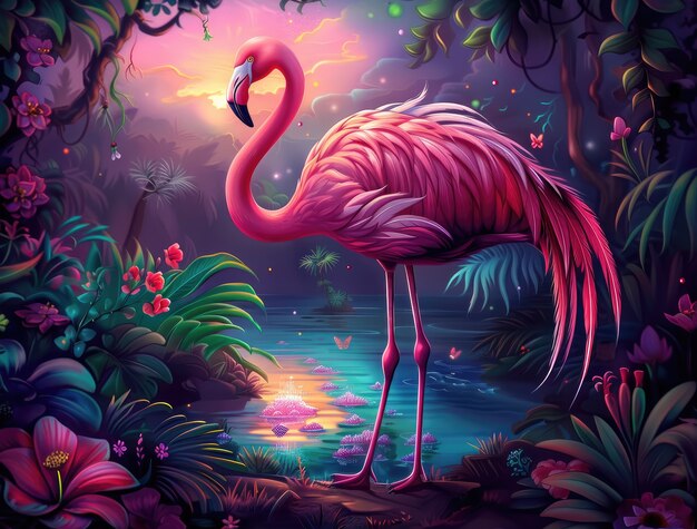 View of cartoon tropical flamingo