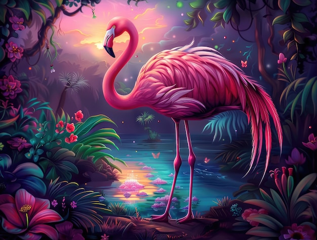 View of cartoon tropical flamingo