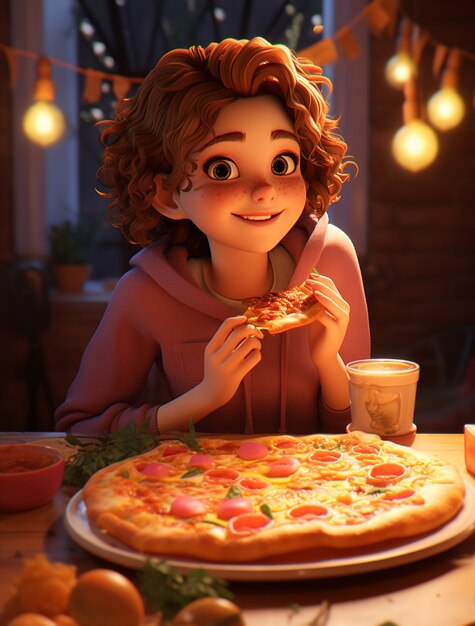 View of cartoon woman with delicious 3d pizza