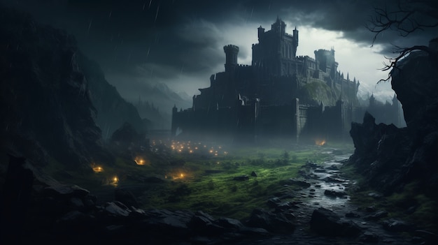 View of castle at night with scary atmosphere