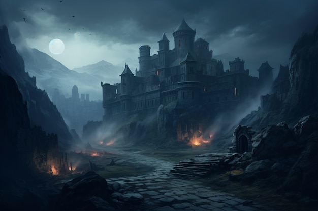 View of castle at night with scary atmosphere