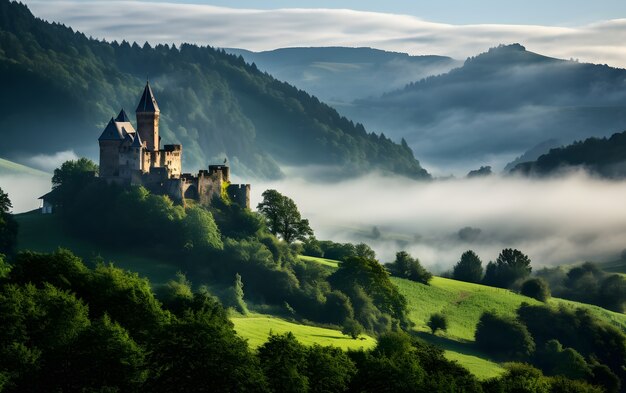 View of castle surrounded by nature landscape