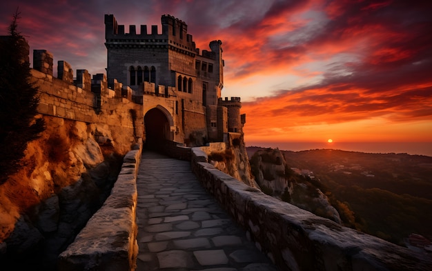 View of castle surrounded by nature landscape