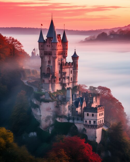 View of castle with fog and nature landscape