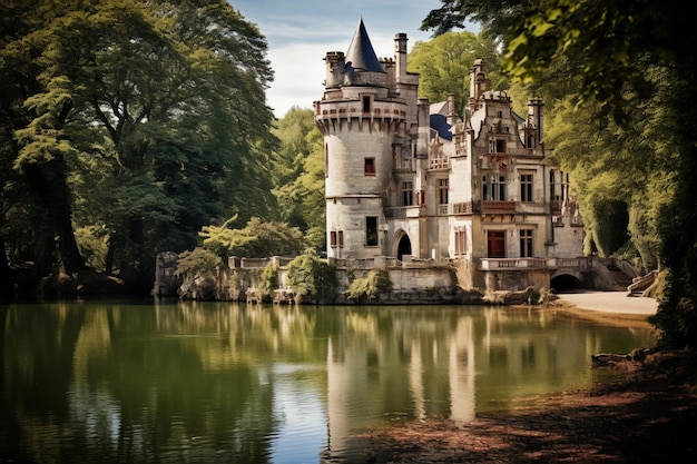 View of castle with lake and nature landscape