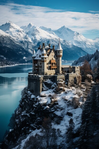 View of castle with lake and nature landscape