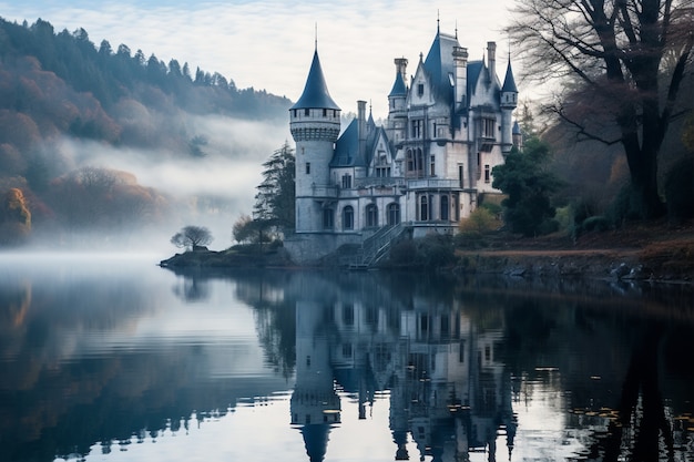 View of castle with lake and nature landscape