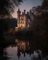 Free photo view of castle with lake and nature landscape