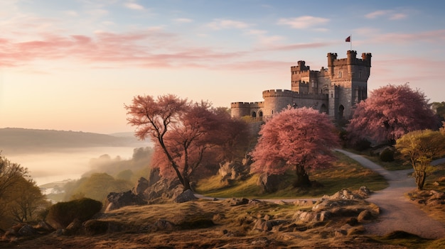 Free photo view of castle with nature landscape