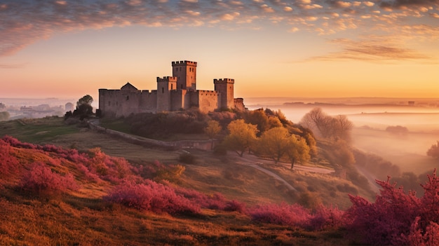 Free photo view of castle with nature landscape