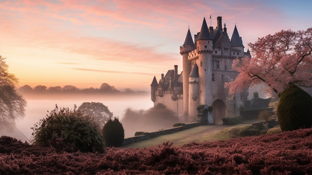 Free photo view of castle with nature landscape