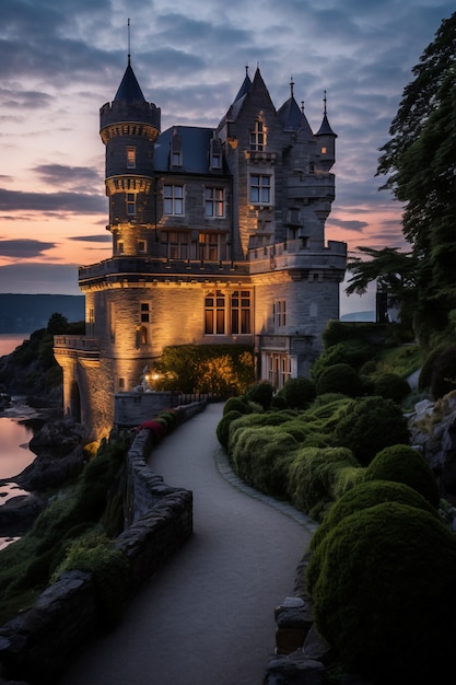 Free photo view of castle with nature landscape