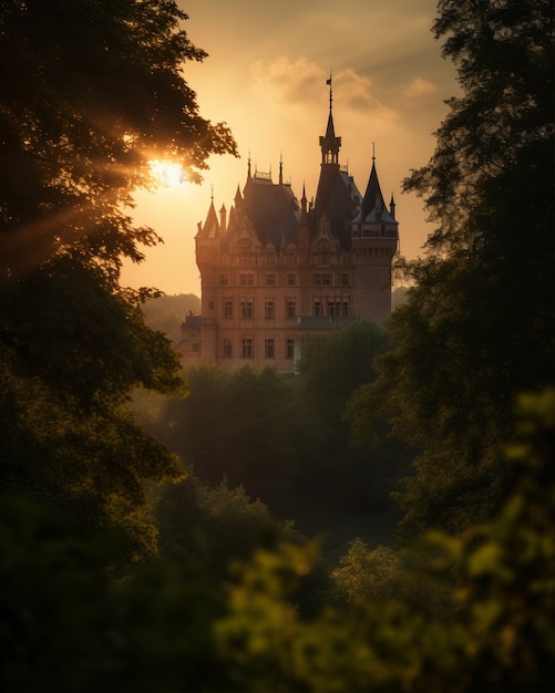 Free photo view of castle with nature landscape