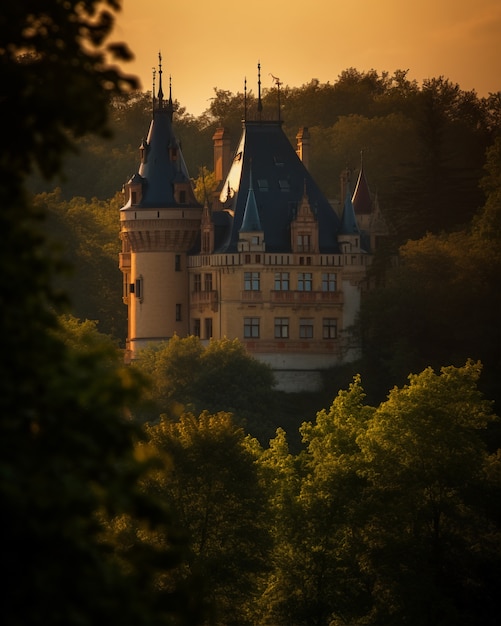 Free photo view of castle with nature landscape