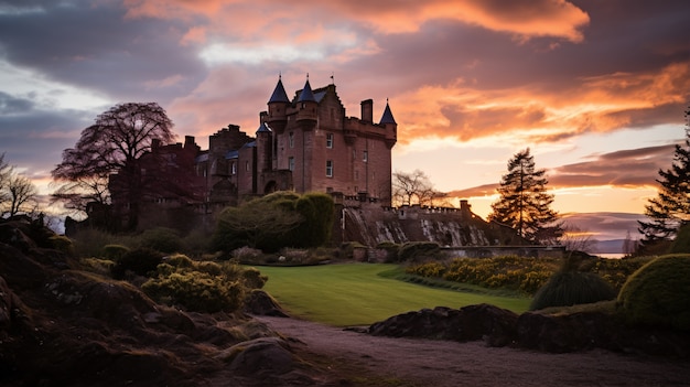 Free photo view of castle with nature landscape